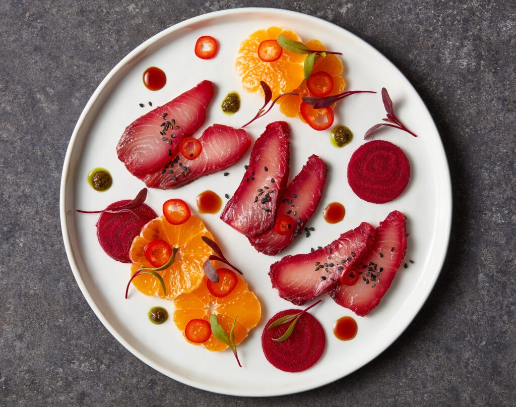 Soy Sauce & Beet-Marinated Kanpachi Crudo